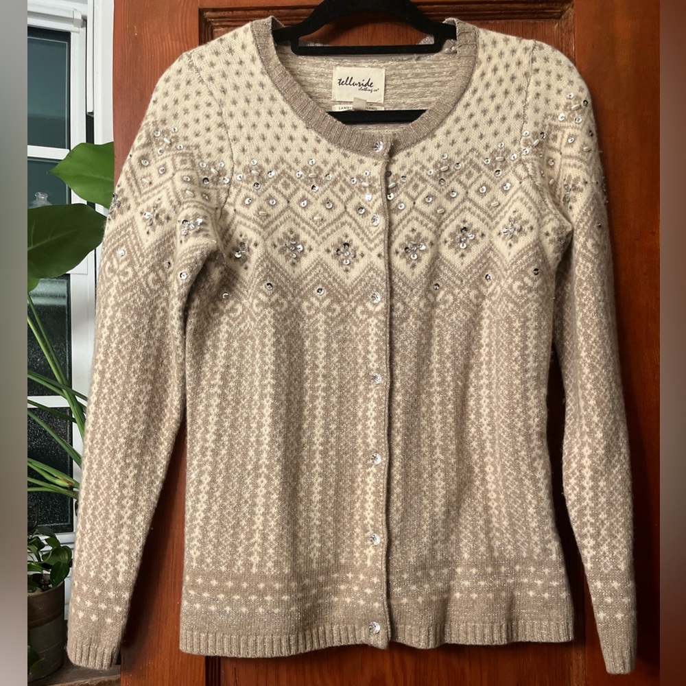 Telluride Clothing Winter Lurex Lambswool Blend Sequin Cardigan Sweater Medium